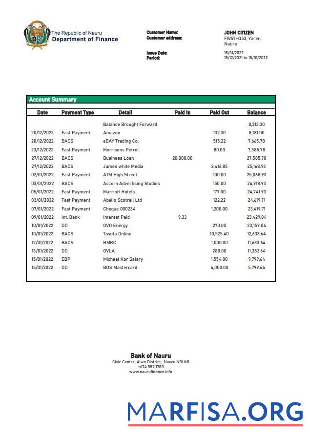 Blank Nauru Bank of Nauru bank statement word real example
